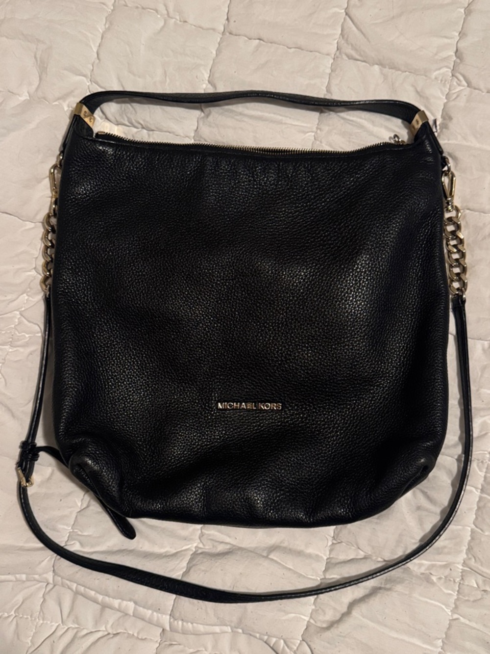 Michael Kors Black Pebbled Leather Shoulder Hobo with Gold Chain